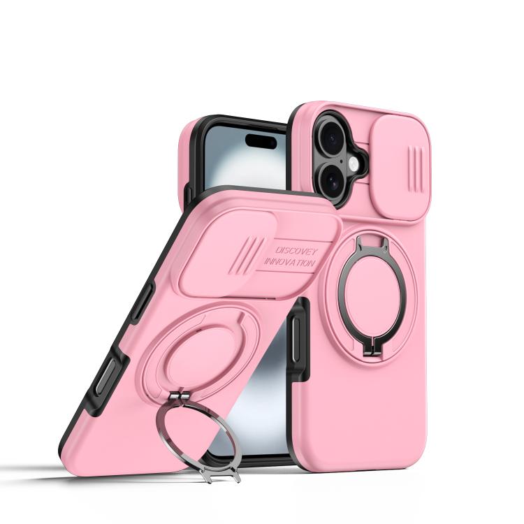 For iPhone 17 Camera Sliding Shield Magnetic Rotation Holder Phone Case(Pink)