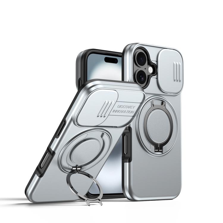 For iPhone 17 Camera Sliding Shield Magnetic Rotation Holder Phone Case(Silver)