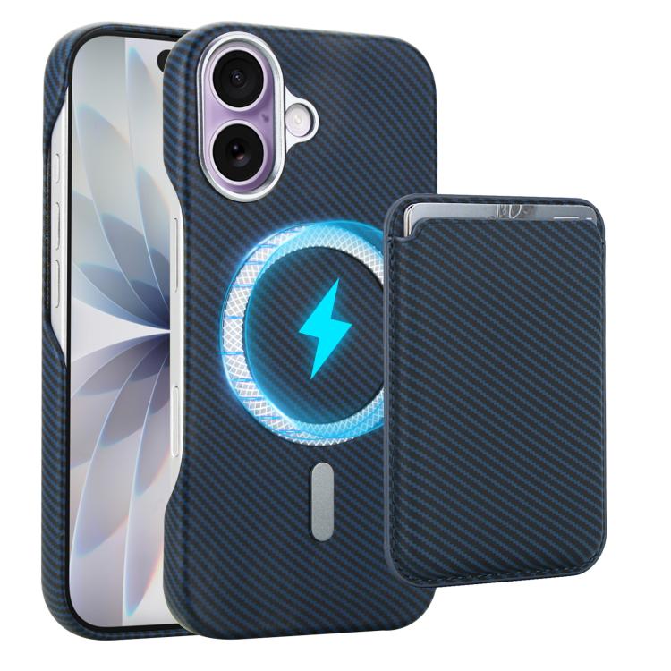 For iPhone 17 Carbon Fiber MagSafe Magnetic Card Holder Phone Case(Blue)
