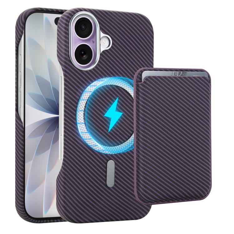 For iPhone 17 Carbon Fiber MagSafe Magnetic Card Holder Phone Case(Purple)
