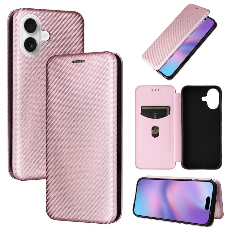 For iPhone 17 Carbon Fiber Texture Flip Leather Phone Case(Pink)