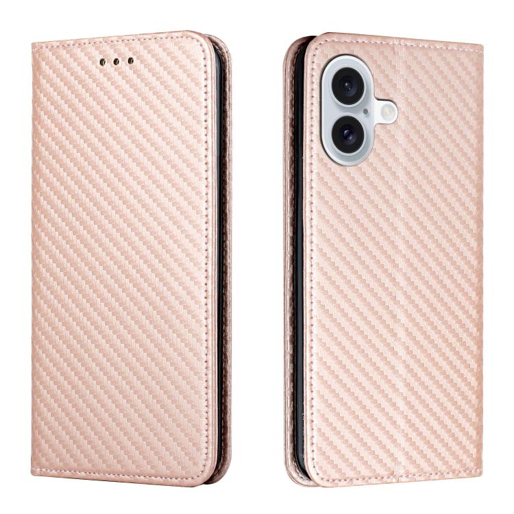 For iPhone 17 Carbon Fiber Texture Magnetic Flip Leather Phone Case(Rose Gold)