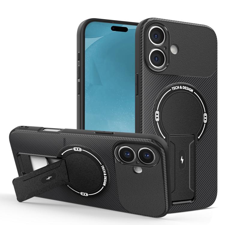 For iPhone 17 Carbon Fiber Texture MagSafe Phone Case with Holder(Black)