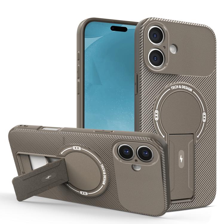 For iPhone 17 Carbon Fiber Texture MagSafe Phone Case with Holder(Brown)