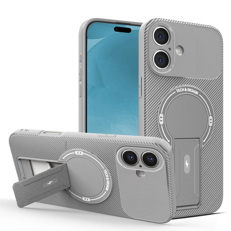 For iPhone 17 Carbon Fiber Texture MagSafe Phone Case with Holder(Grey)