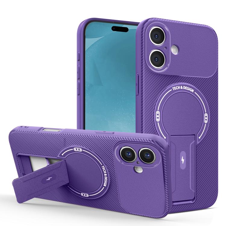 For iPhone 17 Carbon Fiber Texture MagSafe Phone Case with Holder(Purple)