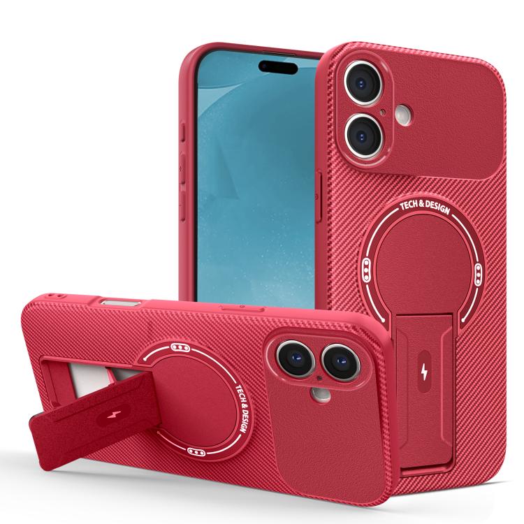 For iPhone 17 Carbon Fiber Texture MagSafe Phone Case with Holder(Red)