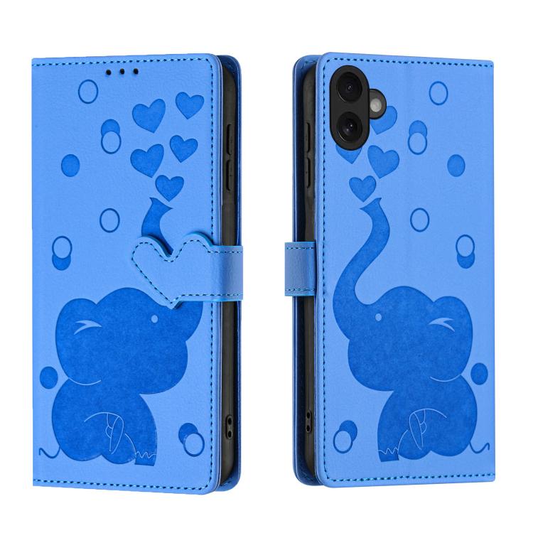 For iPhone 17 Cartoon Elephant Embossed Leather Phone Case(Blue)