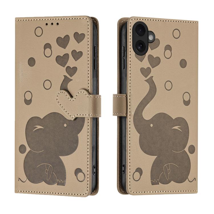 For iPhone 17 Cartoon Elephant Embossed Leather Phone Case(Khaki)