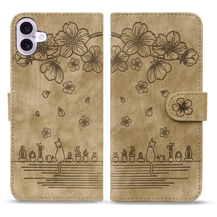 For iPhone 17 Cartoon Sakura Cat Embossed Leather Phone Case(Brown)