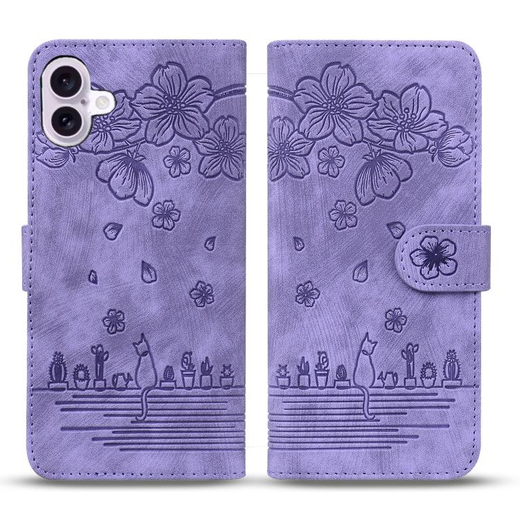 For iPhone 17 Cartoon Sakura Cat Embossed Leather Phone Case(Purple)