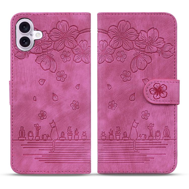 For iPhone 17 Cartoon Sakura Cat Embossed Leather Phone Case(Rose Red)