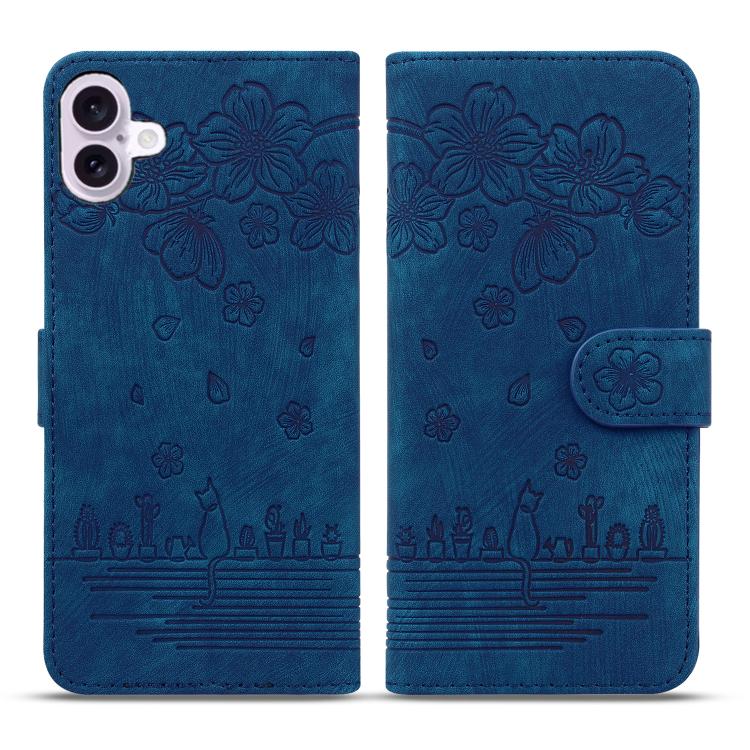 For iPhone 17 Cartoon Sakura Cat Embossed Leather Phone Case(Royal Blue)