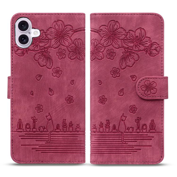 For iPhone 17 Cartoon Sakura Cat Embossed Leather Phone Case(Wine Red)