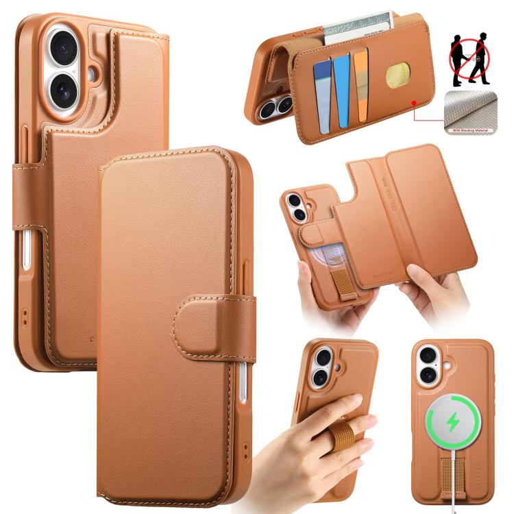 For iPhone 17 CaseNeo Finger Grip Strap MagSafe Leather Phone Case(Brown)
