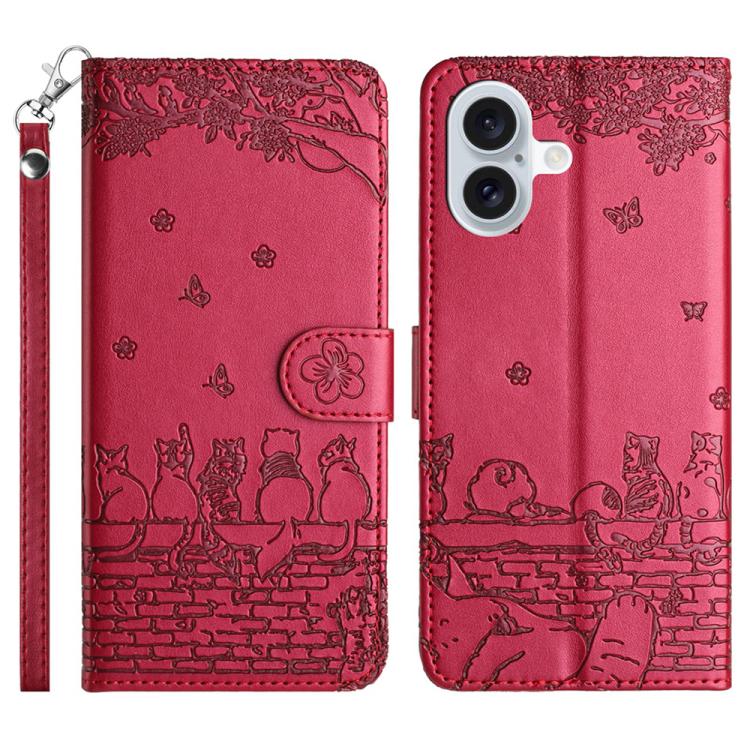 For iPhone 17 Cat Embossing Pattern Leather Phone Case with Lanyard(Red)