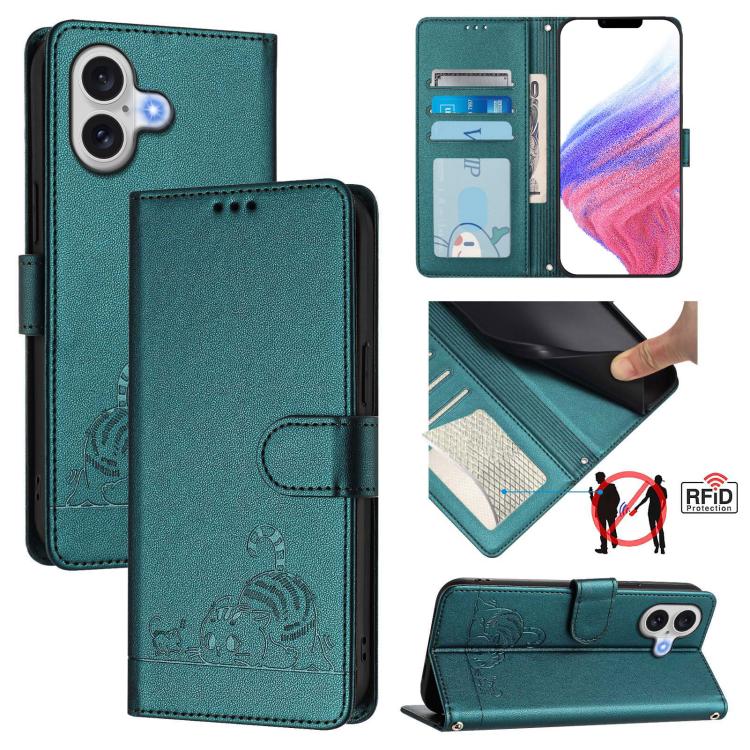 For iPhone 17 Cat Rat Embossed Pattern RFID Leather Phone Case with Lanyard(Peacock Green)