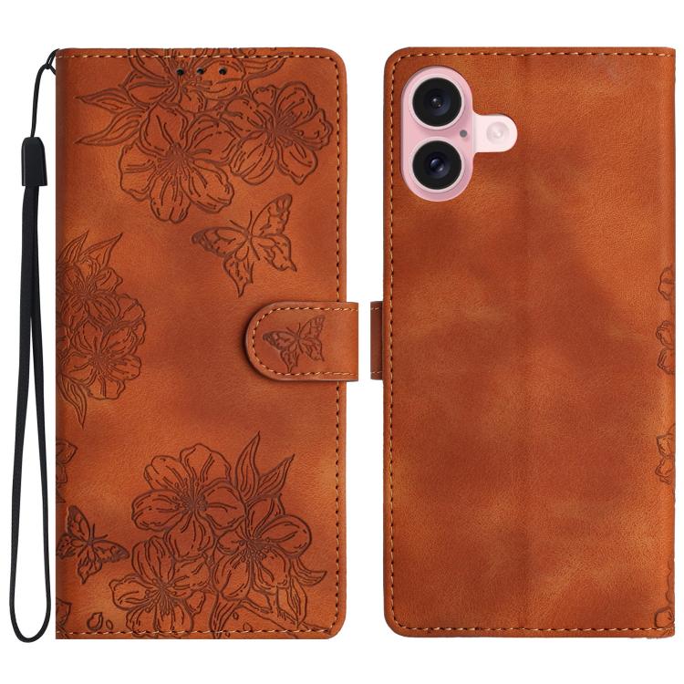 For iPhone 17 Cherry Blossom Butterfly Skin Feel Embossed PU Phone Case(Brown)