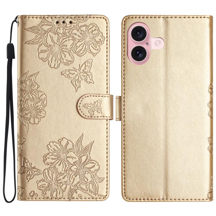 For iPhone 17 Cherry Blossom Butterfly Skin Feel Embossed PU Phone Case(Gold)