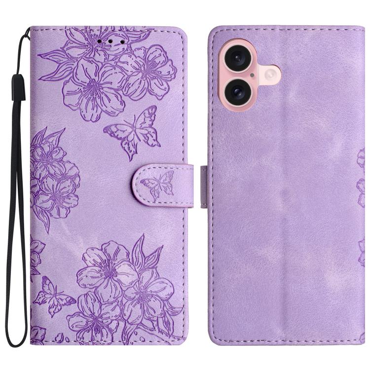 For iPhone 17 Cherry Blossom Butterfly Skin Feel Embossed PU Phone Case(Purple)