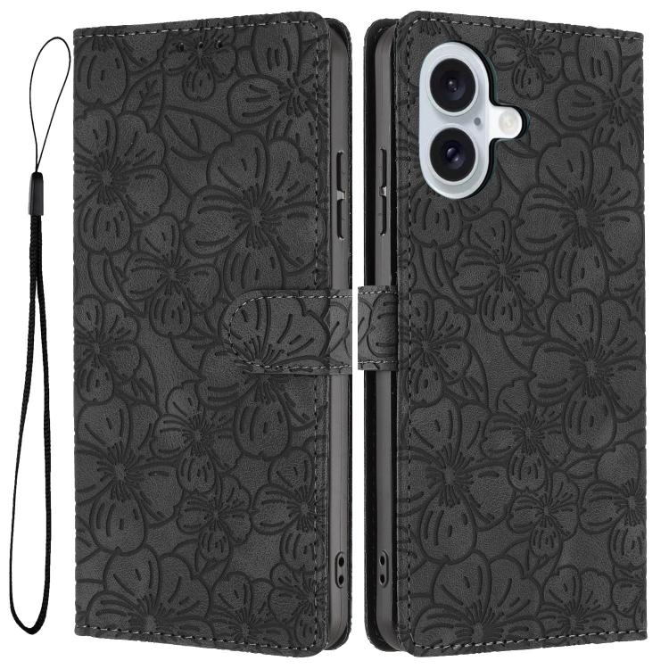 For iPhone 17 Cherry Blossoms Embossed Leather Phone Case(Black)