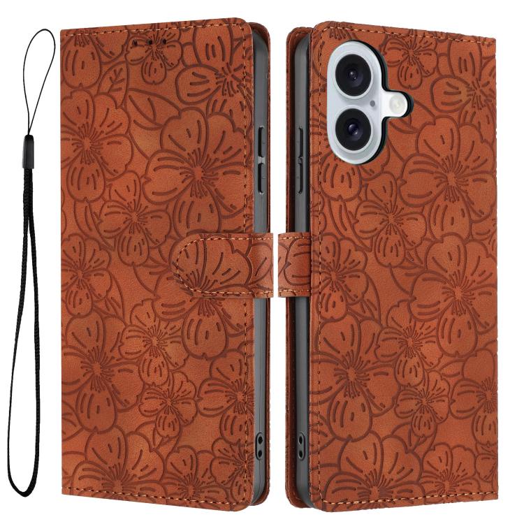 For iPhone 17 Cherry Blossoms Embossed Leather Phone Case(Brown)