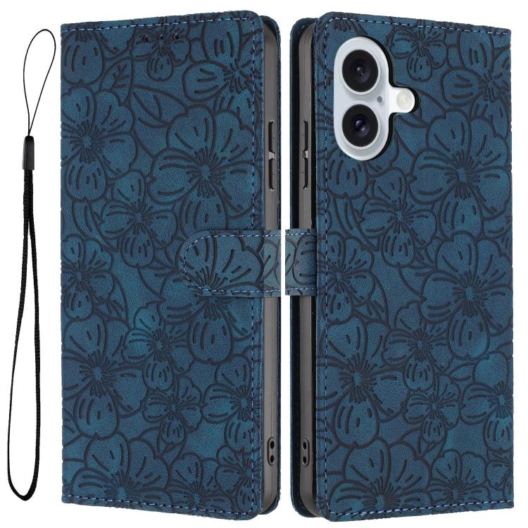 For iPhone 17 Cherry Blossoms Embossed Leather Phone Case(Dark Blue)