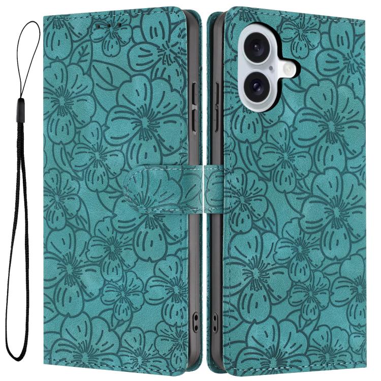 For iPhone 17 Cherry Blossoms Embossed Leather Phone Case(Green)