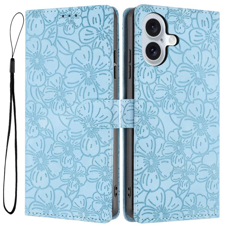 For iPhone 17 Cherry Blossoms Embossed Leather Phone Case(Light Blue)