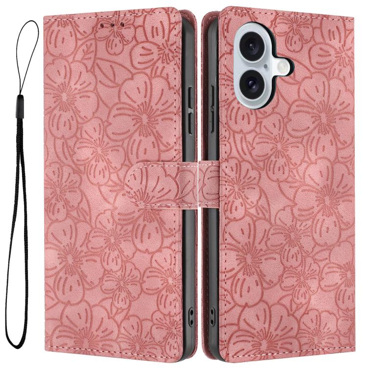 For iPhone 17 Cherry Blossoms Embossed Leather Phone Case(Pink)