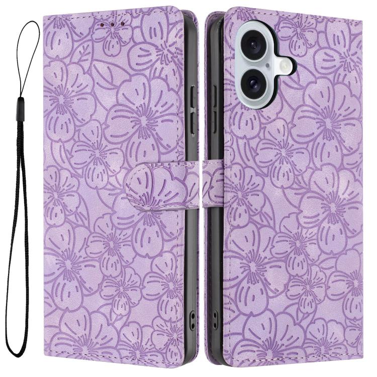 For iPhone 17 Cherry Blossoms Embossed Leather Phone Case(Purple)
