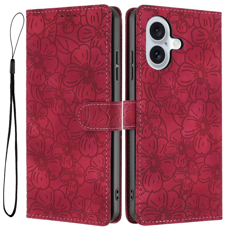 For iPhone 17 Cherry Blossoms Embossed Leather Phone Case(Red)