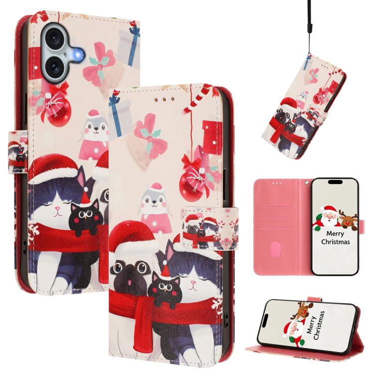 For iPhone 17 Christmas Series Buckle Leather Phone Case with Hand Strap(Christmas Animals)