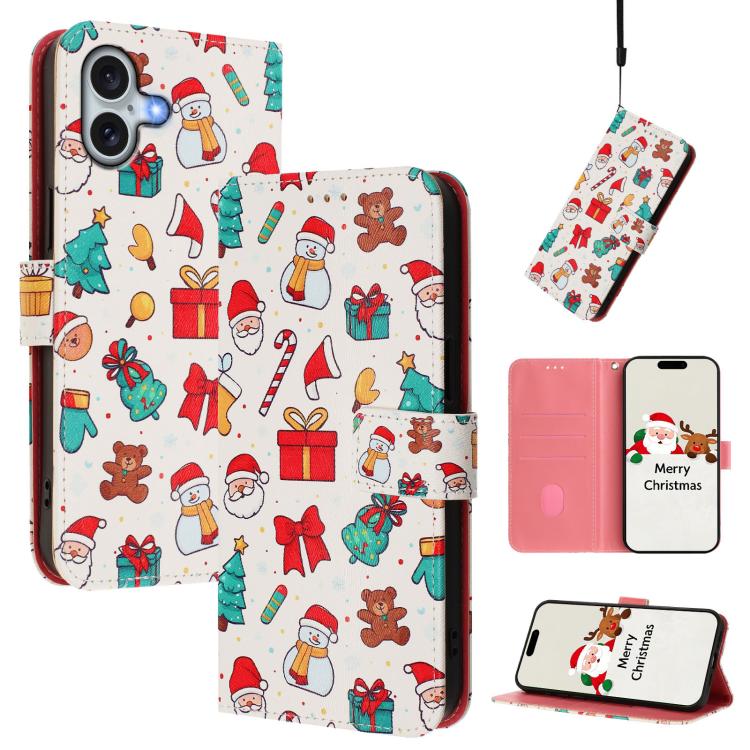 For iPhone 17 Christmas Series Buckle Leather Phone Case with Hand Strap(Christmas Elements)