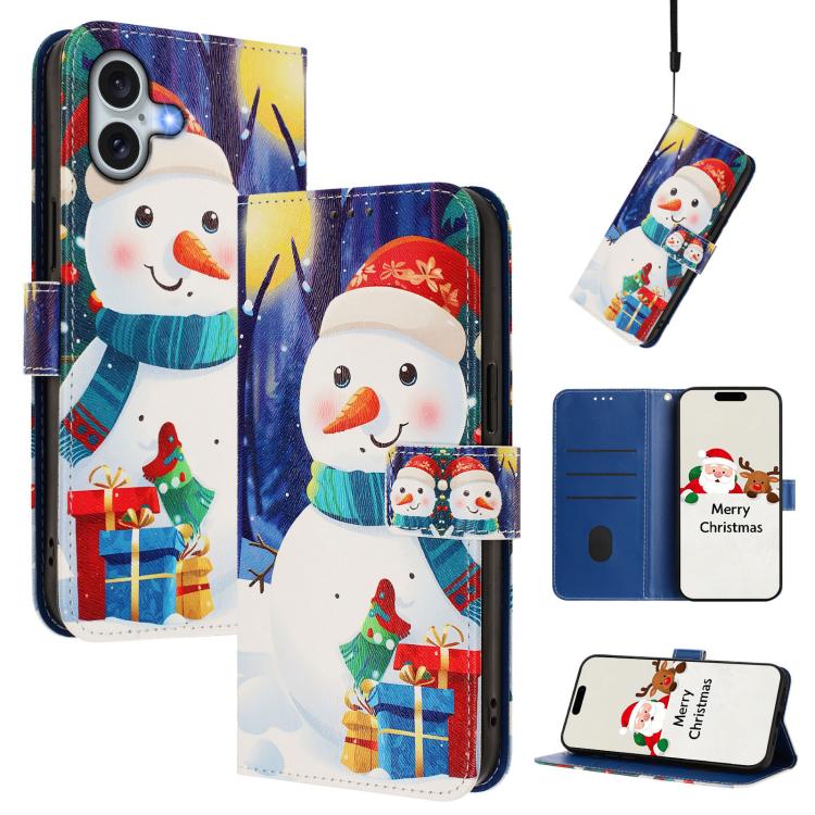 For iPhone 17 Christmas Series Buckle Leather Phone Case with Hand Strap(Gift Box Snowman)