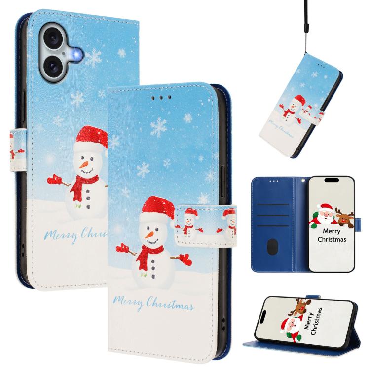 For iPhone 17 Christmas Series Buckle Leather Phone Case with Hand Strap(Snowflake Snowman)