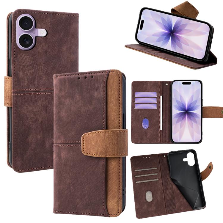 For iPhone 17 Color Stitching Skin Feel Leather RFID Blocking Phone Case(Brown)