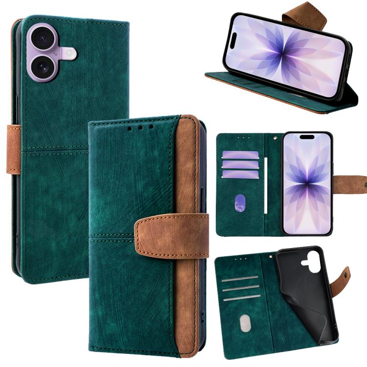 For iPhone 17 Color Stitching Skin Feel Leather RFID Blocking Phone Case(Green)