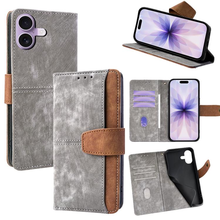 For iPhone 17 Color Stitching Skin Feel Leather RFID Blocking Phone Case(Grey)