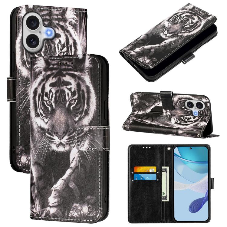 For iPhone 17 Colored Drawing Pattern Plain Weave Leather Phone Case(Black And White Tiger)