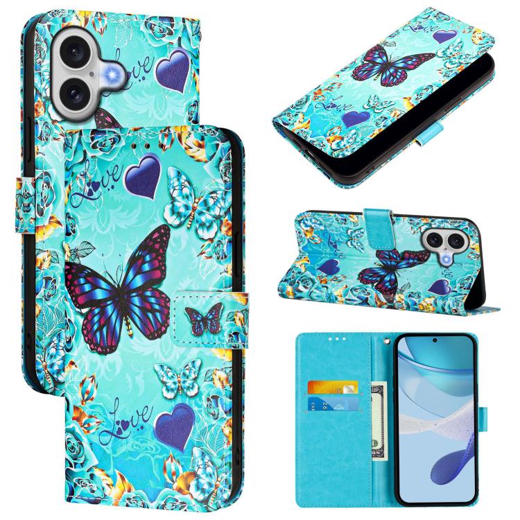For iPhone 17 Colored Drawing Pattern Plain Weave Leather Phone Case(Caring Butterfly)