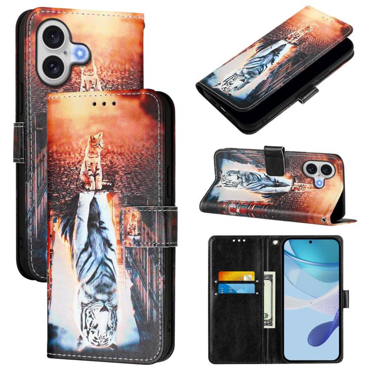 For iPhone 17 Colored Drawing Pattern Plain Weave Leather Phone Case(Cats And Tigers)