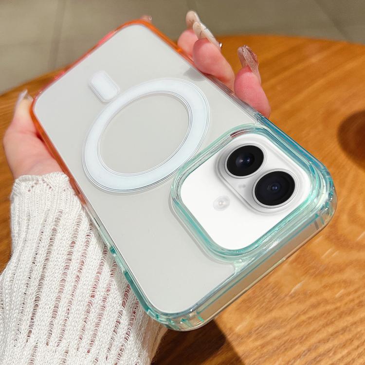 For iPhone 17 Contrast Color Gradient Transparent MagSafe Phone Case(Blue Green + Pink)