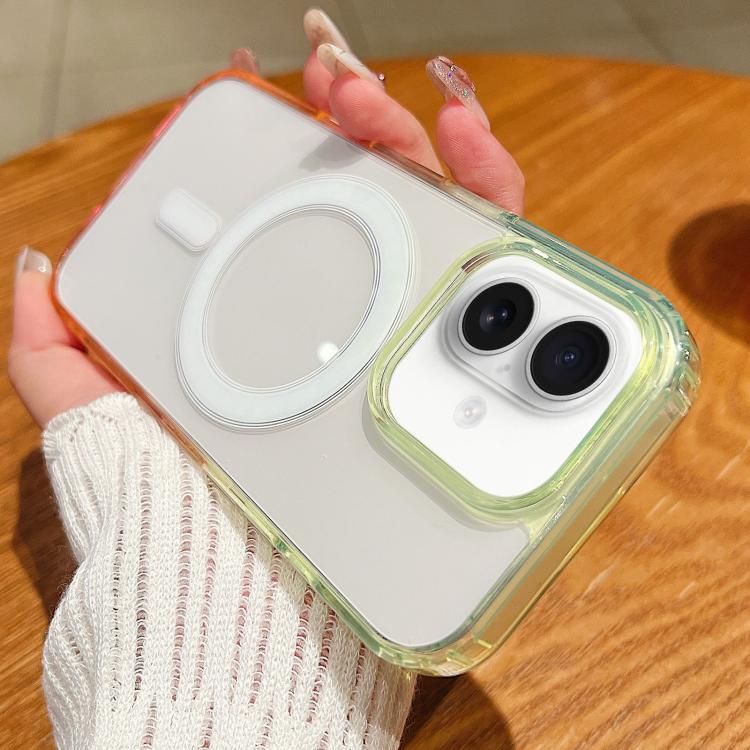 For iPhone 17 Contrast Color Gradient Transparent MagSafe Phone Case(Fluorescent Green + Light Pink)