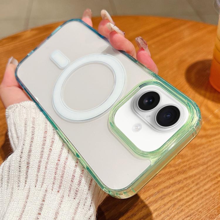 For iPhone 17 Contrast Color Gradient Transparent MagSafe Phone Case(Green + Blue)
