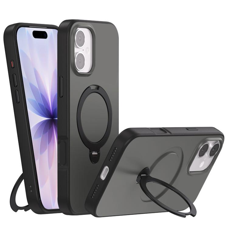 For iPhone 17 Contrast Color Rotation Holder Magsafe Phone Case(Black)