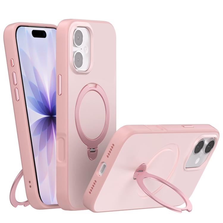 For iPhone 17 Contrast Color Rotation Holder Magsafe Phone Case(Pink)