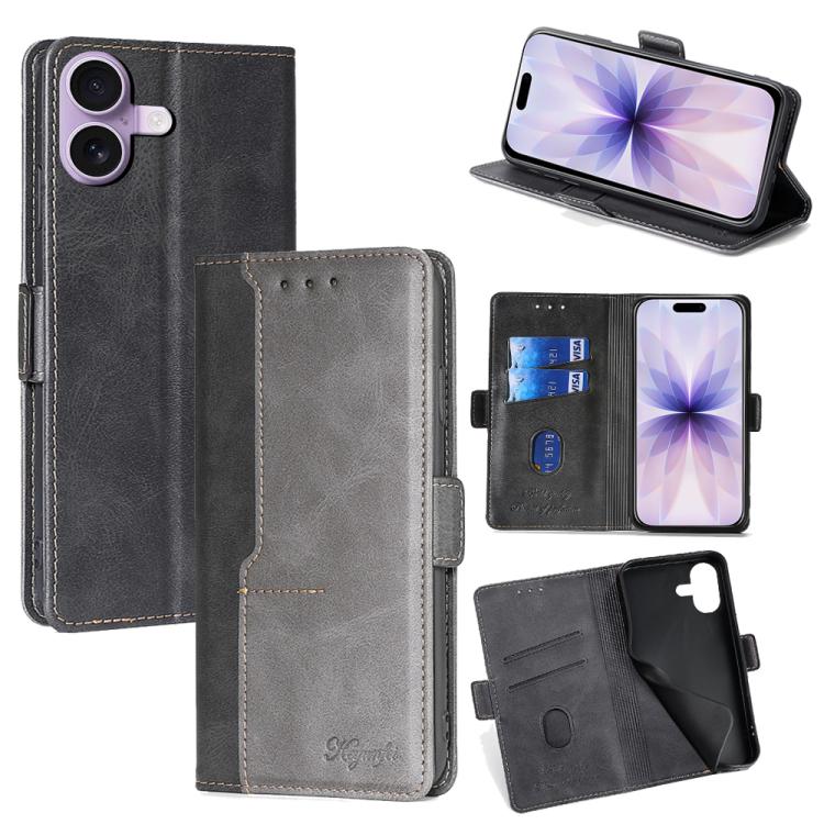 For iPhone 17 Contrast Color Side Buckle Leather Phone Case(Black + Grey)