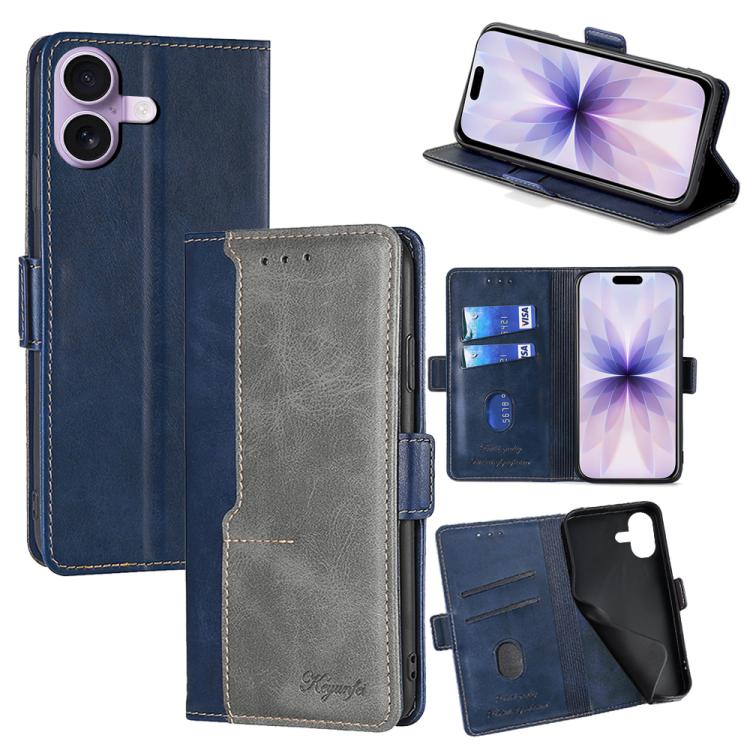 For iPhone 17 Contrast Color Side Buckle Leather Phone Case(Blue + Grey)
