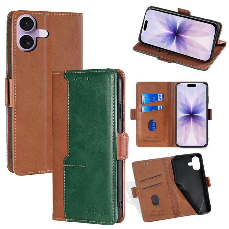 For iPhone 17 Contrast Color Side Buckle Leather Phone Case(Light Brown + Green)